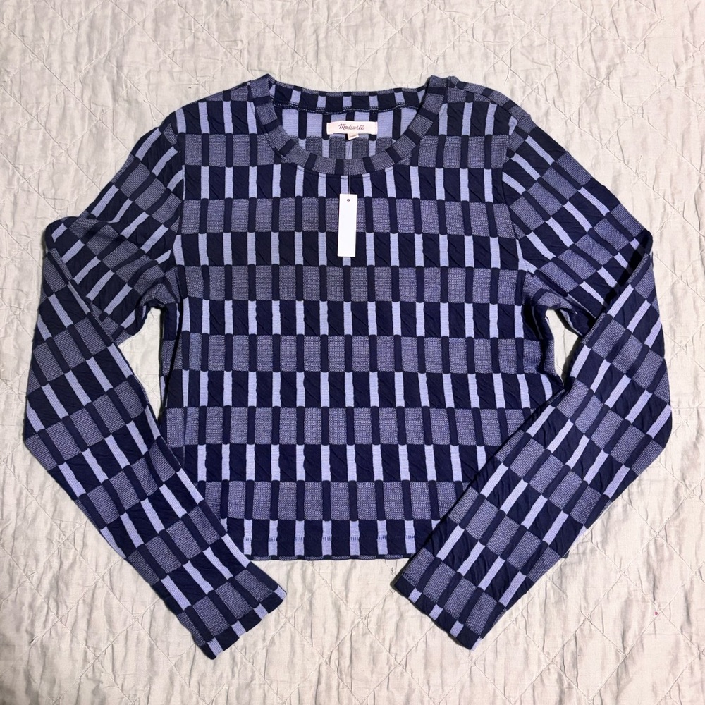 Madewell Checkerboard Cropped Sweater in Navy and light blue
